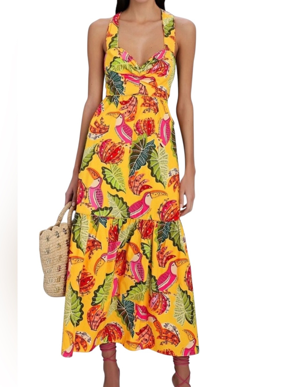 FARM RIO Yellow Beaks & Bananas Cotton Maxi Sundress Tropical Colorful Size M